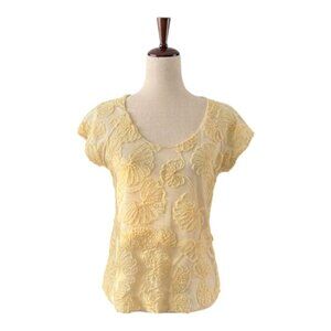 Zara Basic Women's Pale Yellow Floral Ribbon Scoop Neck Blouse Top Med EUC
